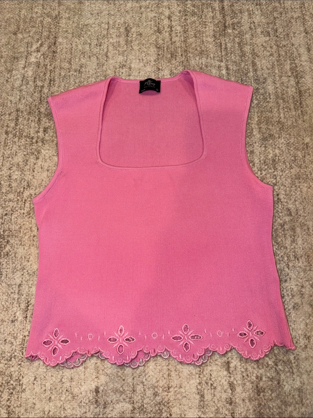 Sleeveless Pink Square-Neck Knit Tank with Scalloped Eyelet Hem